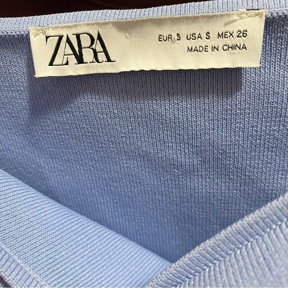 Zara Periwinkle Stretchy Knit Sheer Balloon Sleeve Cropped Square Neck Top S - Picture 8 of 9